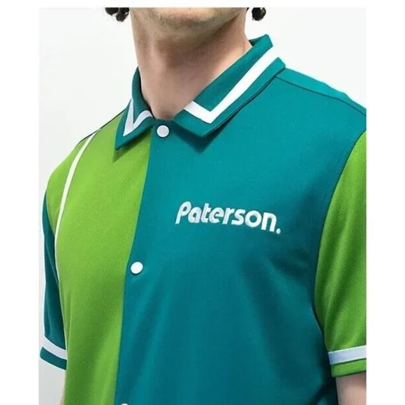 Paterson Men’s Courtside Teal & Green Short Sleeve Button‎ Up Snap Shirt Medium - Picture 4 of 16